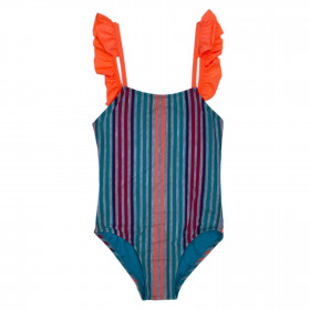 striped swimsuit with neon orange straps
